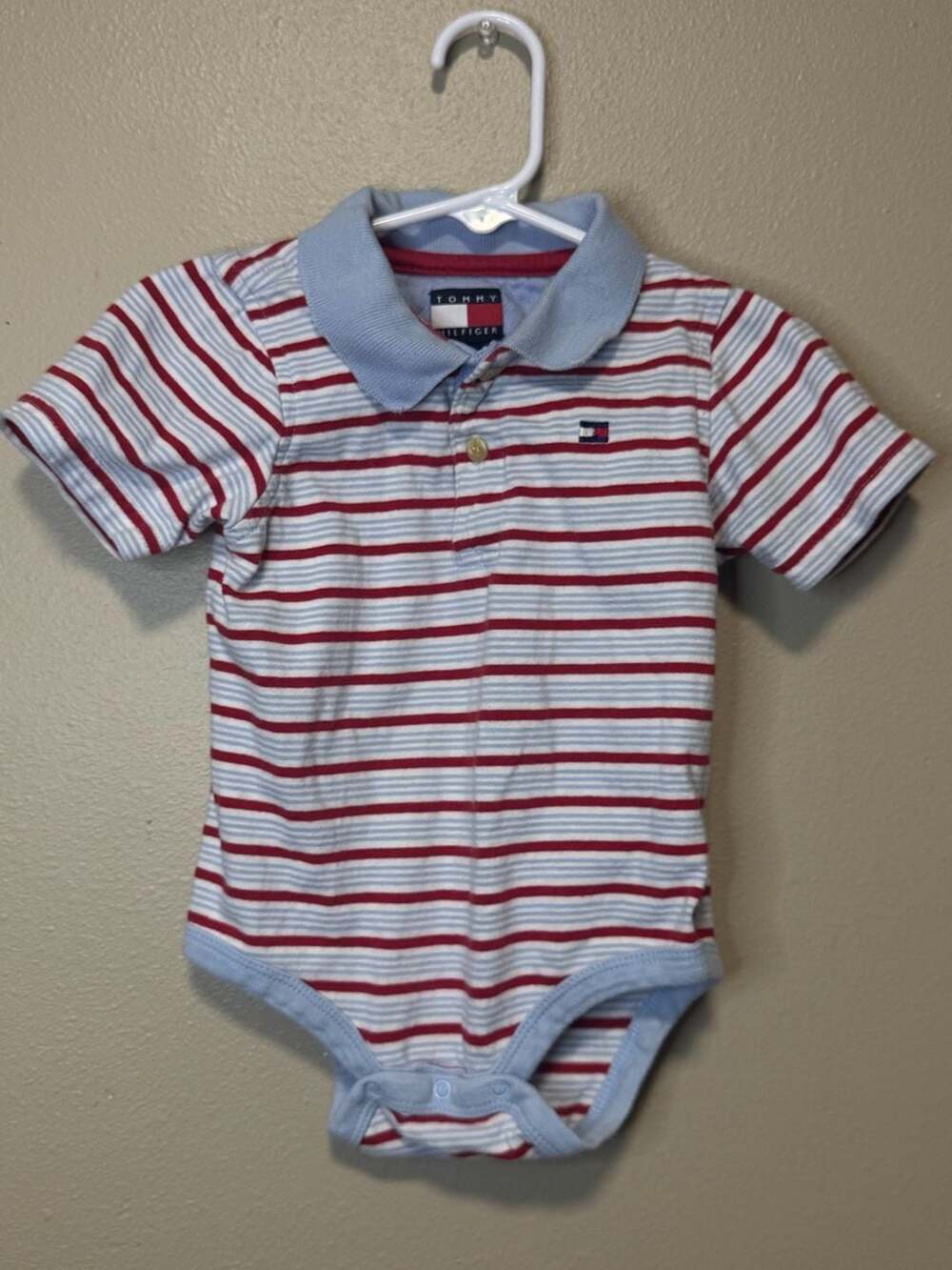 Tommy Hilfiger Red White Blue Striped Polo Romper Bodysuit 12-18 Months
